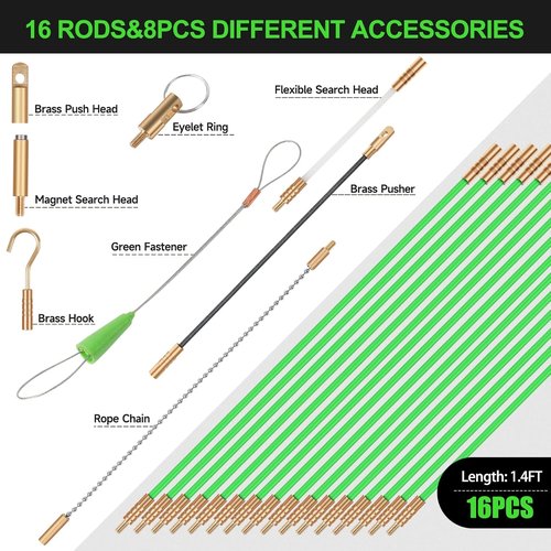 FTIHTRY 22FT Fiberglass Electrical Wire Pulling Glow Rods - Complete Kit with 8 Attachments