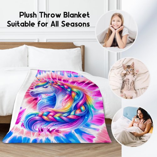 UNIKITTY Girls Blanket, Unicorn Blanket Gifts for Girls Women, 60"x80" Tie Dye Rainbow Throw, Fuzzy Flannel Kids Throws for Unicorn Lovers