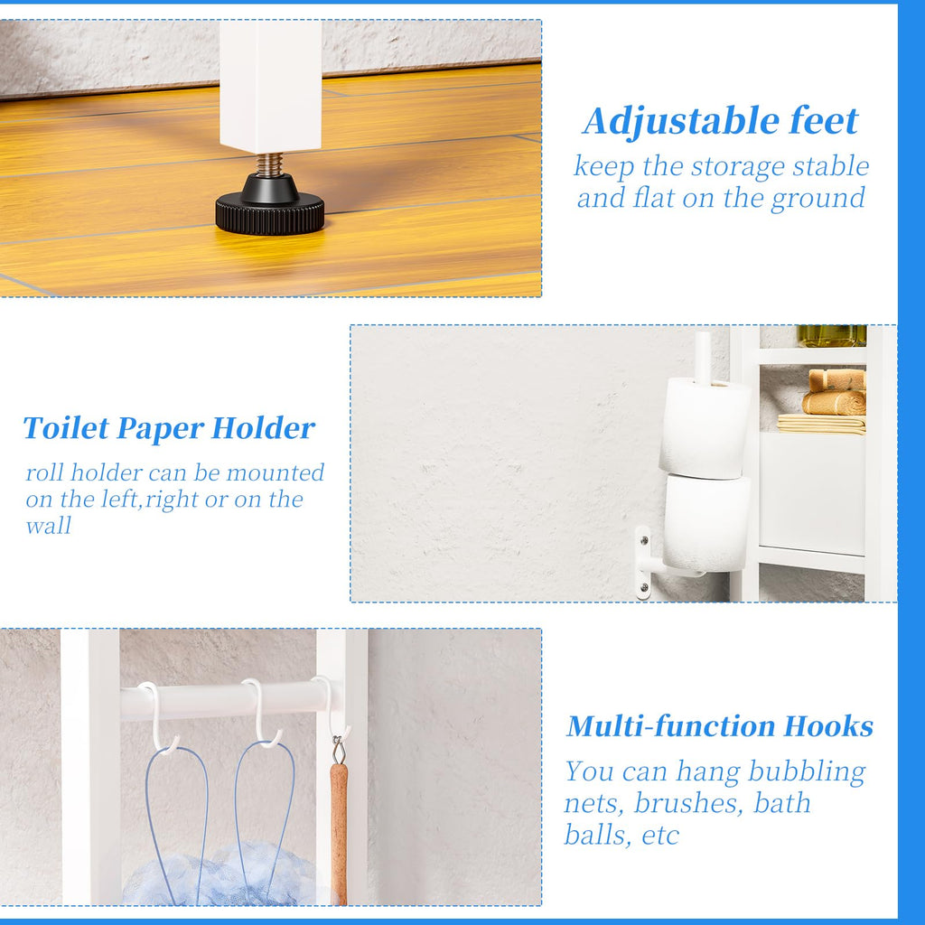 Simple Trending 4 Tier Over The Toilet Storage with Drawers, Heavy Duty Bathroom Stand Organizer Metal Shelves for Laundry, White