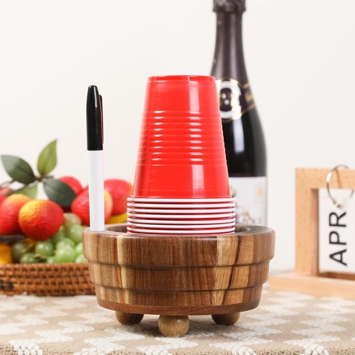 Acacia Wood Cup Holder with Marker Slot, Paper Cup Storage Box Mark Your Cup and Drink Up, Rustic Disposable Cup Dispenser for Party Bar Kitchen Bathroom