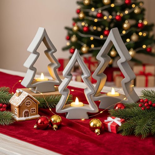 Meanplan Christmas Tree Tealight Candle Holders - Rustic Plaster Votive Set for Holiday Decor | 3 Pcs