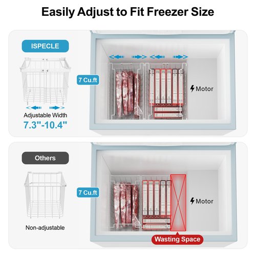 iSPECLE Freezer Organizer Bins - 4 Pack Adjustable Width for 5 to 7 Cu.Ft Chest Freezers, Stackable Wire Storage Baskets for Deep Freezer Organization, Assembly Required, White