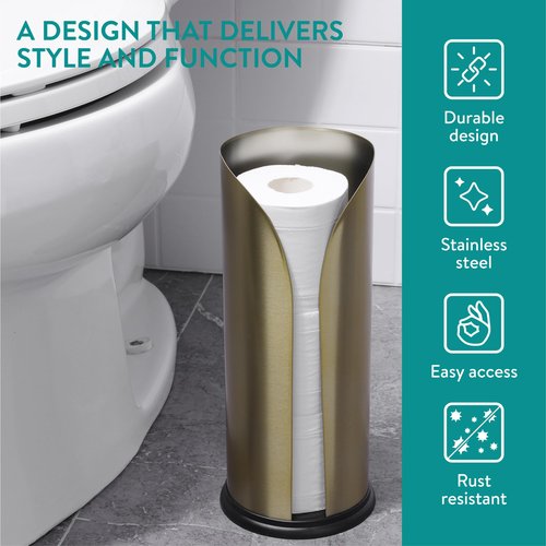 Navaris Toilet Roll Holder, Stainless Steel - Free Standing Storage Box for Up to 3 Loo Paper Rolls - Toilet-Roll Holders for Bathroom Organisation - Minimalist Design, Matte Gold