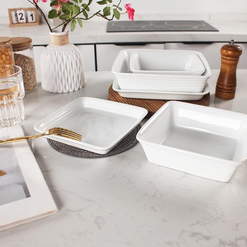 jinsongdafa Casserole Dish 32 Ounces Square Bakeware Set with Lids, Set of 2, Chip and Crack Resistant Ceramic Casserole Dish, Microwave, Dishwasher, Oven, Freezer and Fridge Safe (White, 9 Inch)