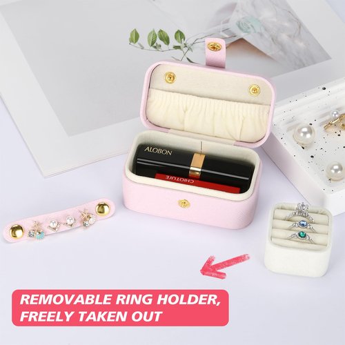 KUKUVR Small Travel Jewelry Box, Mini Jewelry Holder for Multiple Rings Necklace Earrings Lipstick, Portable Jewelry Storage Organizer Case with Removable Ring Slot (PINK)