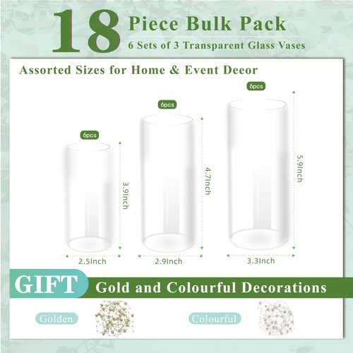Zomiol Glass Cylinder Vase Set of 18 for Centerpieces, 4,4.7,6 inch Tall Clear Vase Bulk Floating Candle Holder for Wedding Table Home Décor and Party