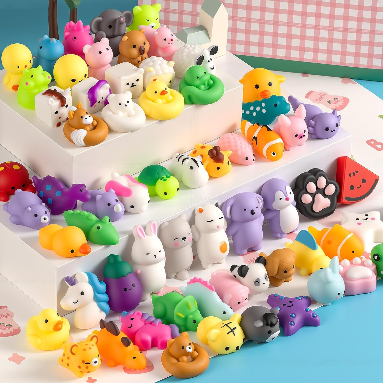 Skiennix 25 Pcs Mochi Squishy Toys - Kawaii Animal Stress Relief Toys in Storage Bucket | Perfect for Party Favors & Classroom Prizes