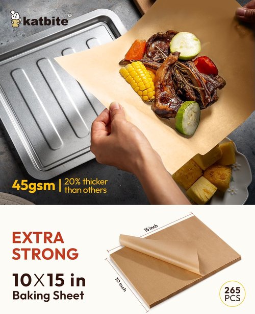 Katbite Heavy-Duty Unbleached Parchment Paper Sheets - 265 Pcs, 10x15 Inches, Oil-Proof & Pre-Cut for Baking
