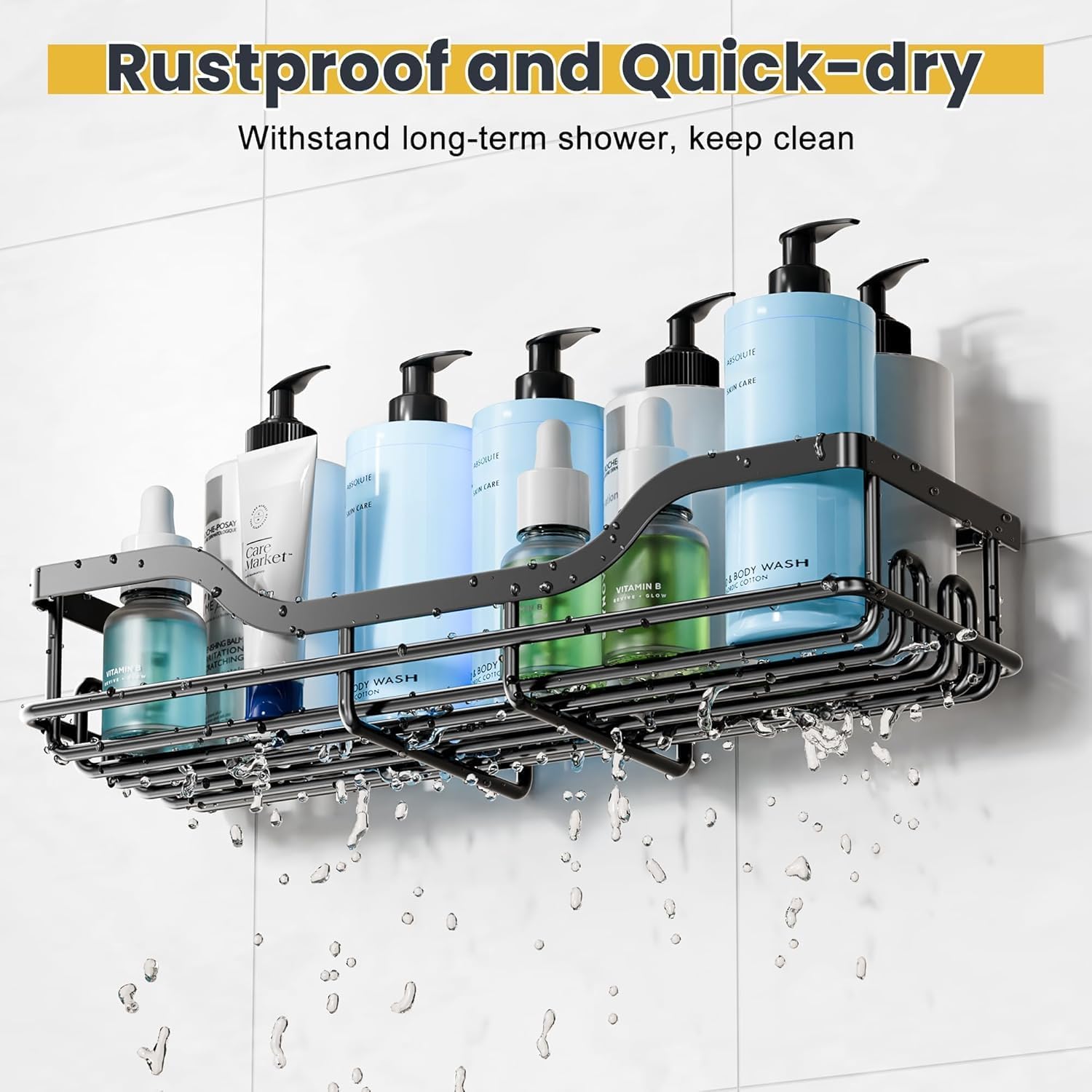 OMAIRA Shower Caddy - 3-Pack Rustproof Organizer with Soap Holder for Smooth Walls & Glass Tile, Black
