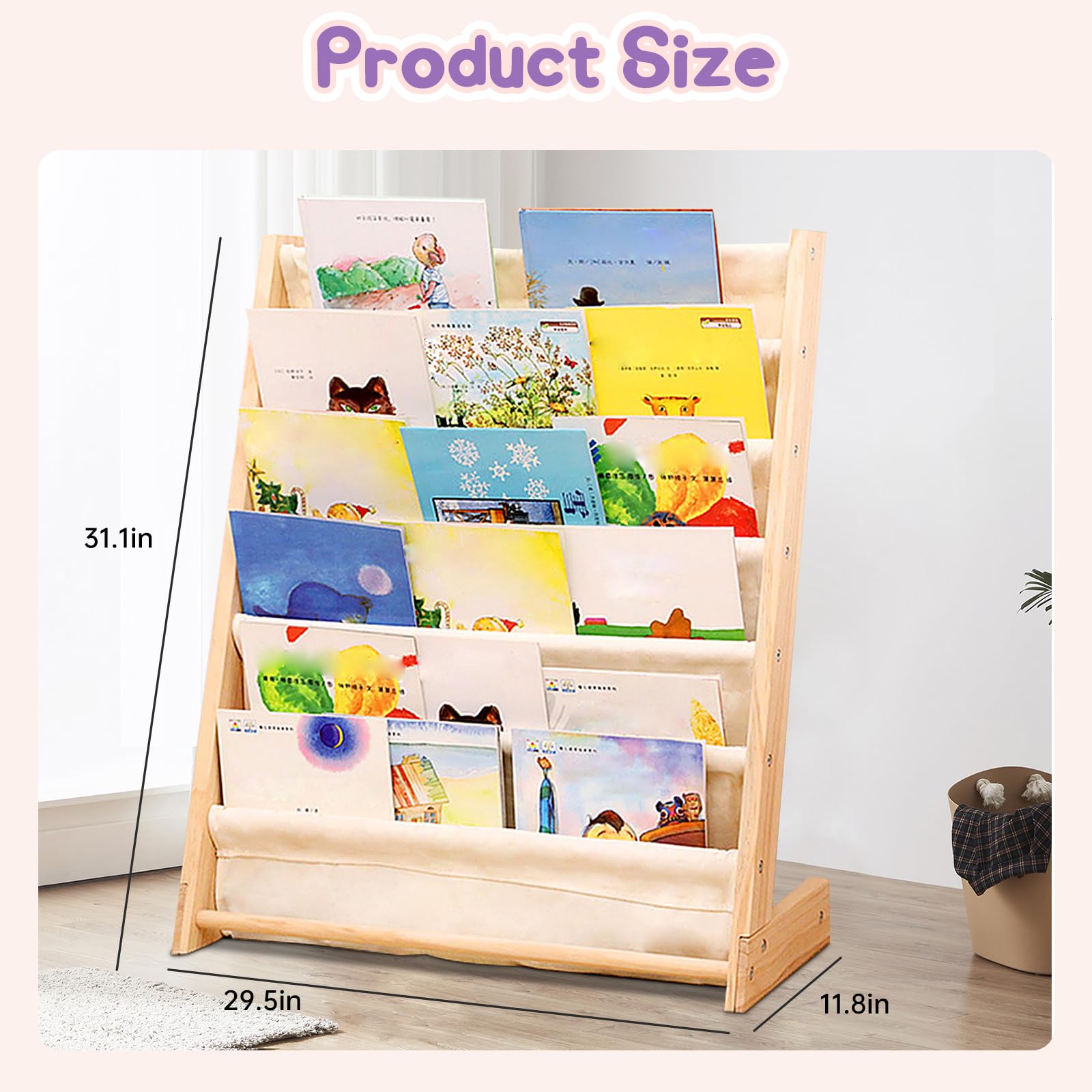 YCWSPEMR 6-Tier Kids Bookshelf – Child-Safe Wooden Book Shelf with Cotton Linen Fabric, Holds 100+ Books, Baby Bookshelf & Toddler Bookcase Organizer for Nursery, Playroom & Kids Rooms