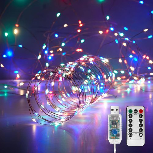 Ariceleo USB Powered Fairy Lights - 32.8 Ft Silver Wire String Lights with Remote & Timer, 100 LED, Waterproof, 8 Modes for Parties & Weddings