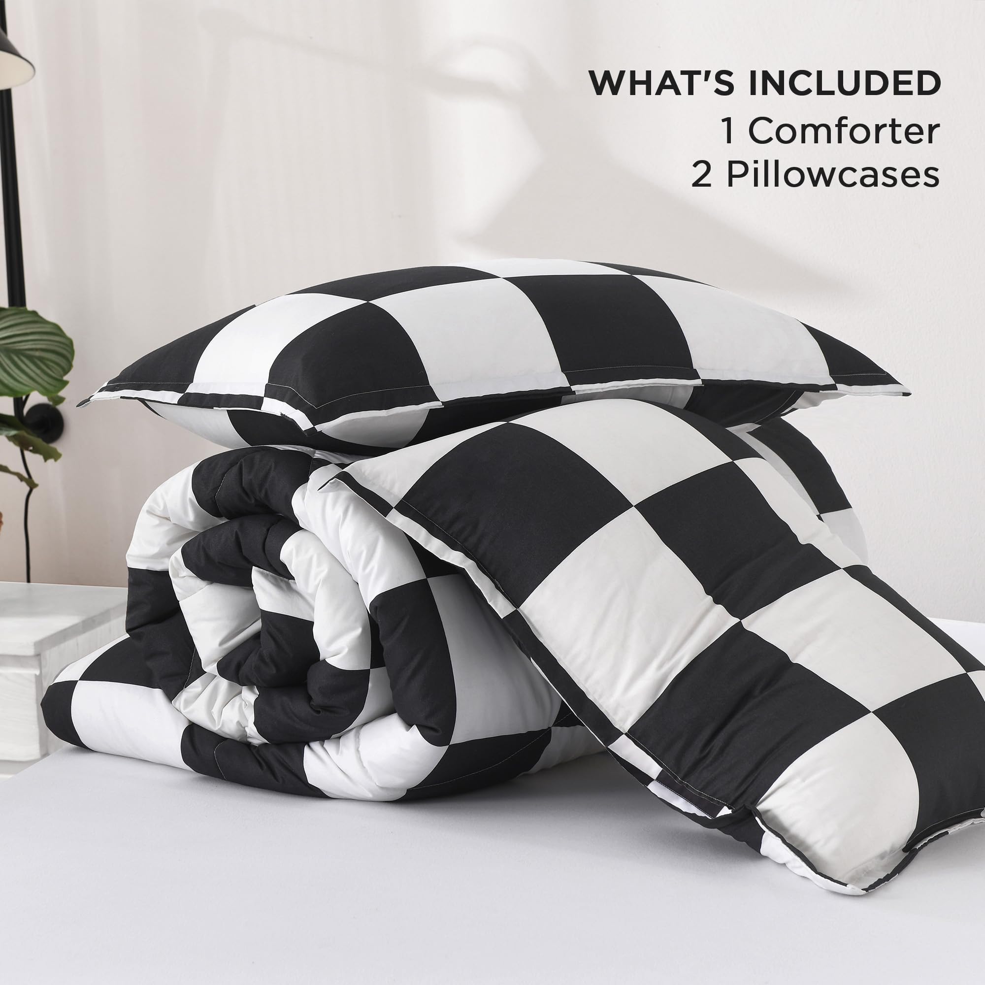 Andency Checkered Comforter Twin(66x90Inch), Black White Plaid Gingham Bed Set for Teen Boys Kids, Lightweight Polyester Geometric Preppy Bedding, 2 Pieces