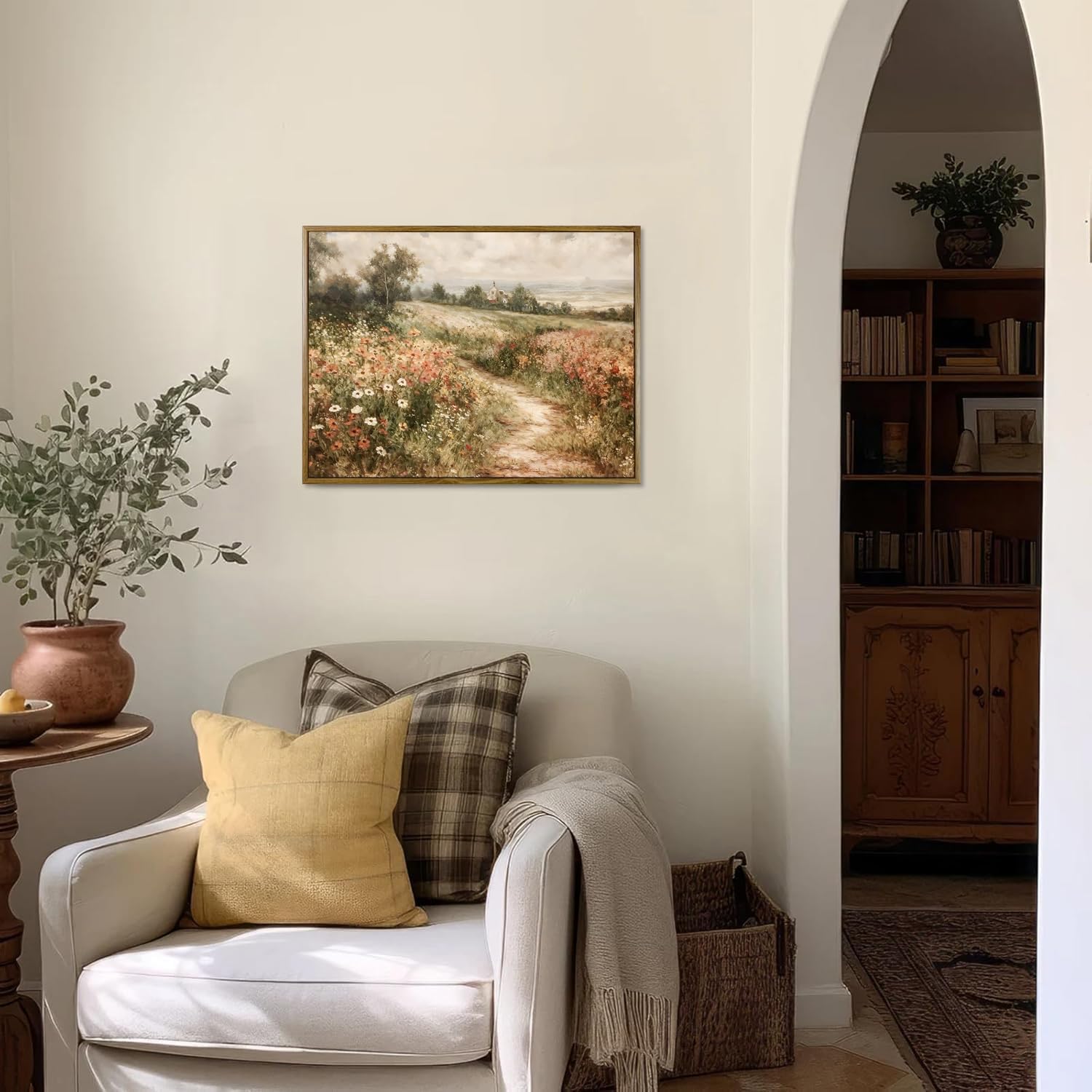 Skiennix Framed Canvas Wall Art - Vintage Wildflower Field Painting for Living Room & Bedroom Decor