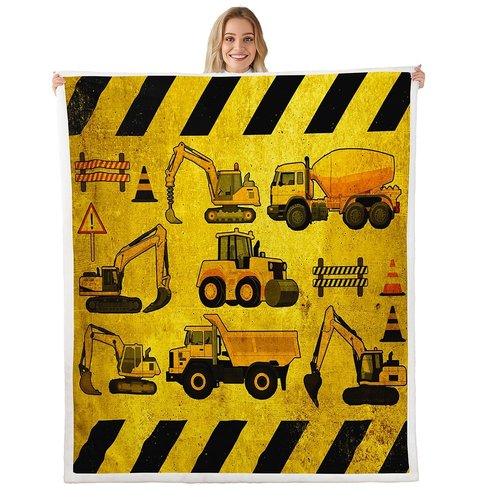 Erosebridal Excavators Flannel Blanket Equipment Trucks Sherpa Blanket Construction Tractor Throw Blanket, Yellow Vehicle Fuzzy Blanket for Kids Boys Teens, Kids Car Theme Room Throw Size