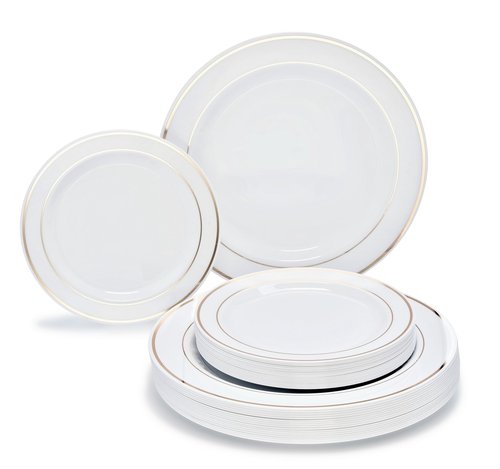 OCCASIONS 120 Plates Pack,(60 Guests) Heavyweight Premium Wedding Party Disposable Plastic Plates Set -60 x 10.5'' Dinner + 60 x 7.5'' Salad/Dessert (White & Gold Rim)