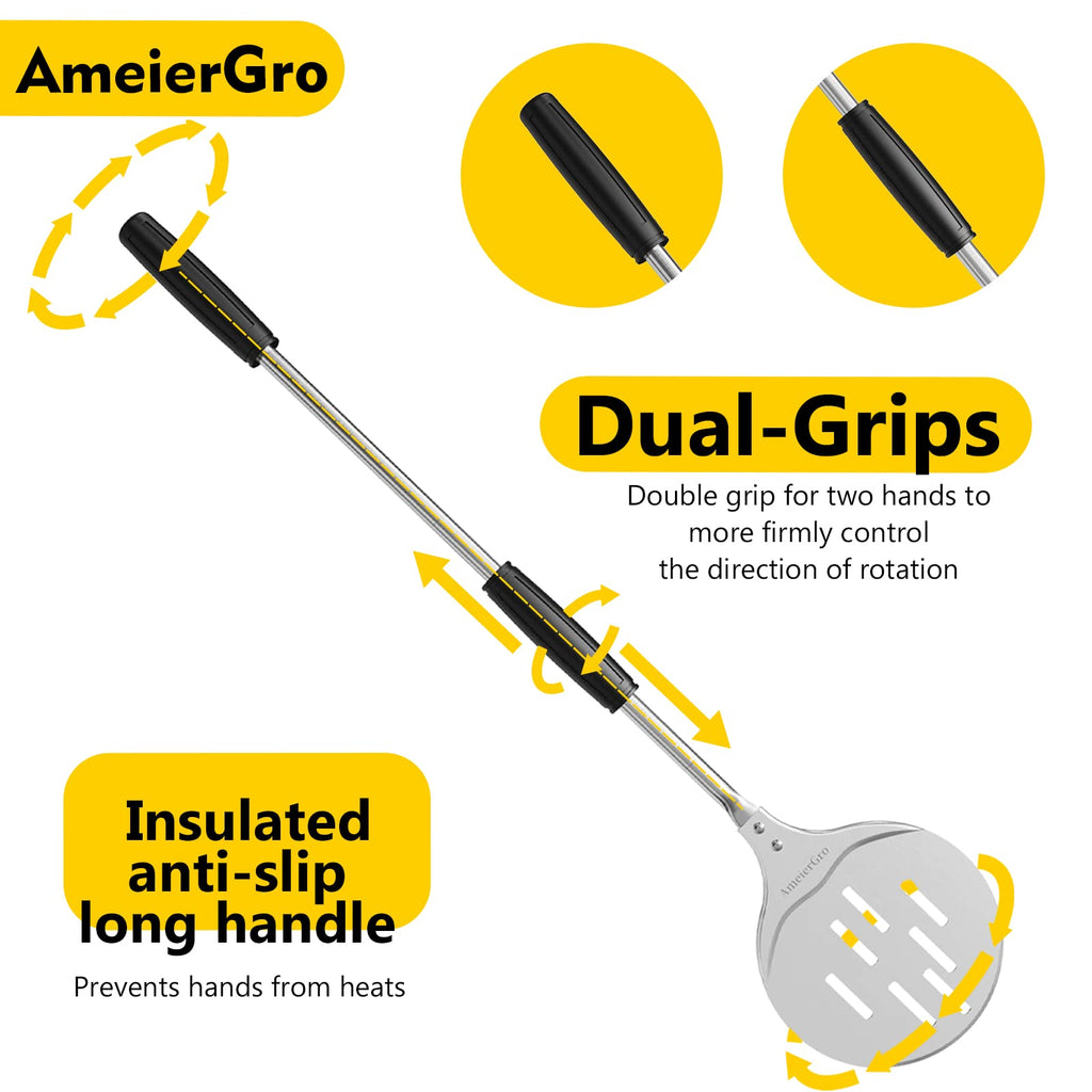 AmeierGro Pizza Turning Peel, 7 Inch Perforated Pizza Peel Turner, Adjustable Long Handle Pizza Spatula, Pizza Paddle Harden Anodizing, Pizza Oven Accessories for Pizza