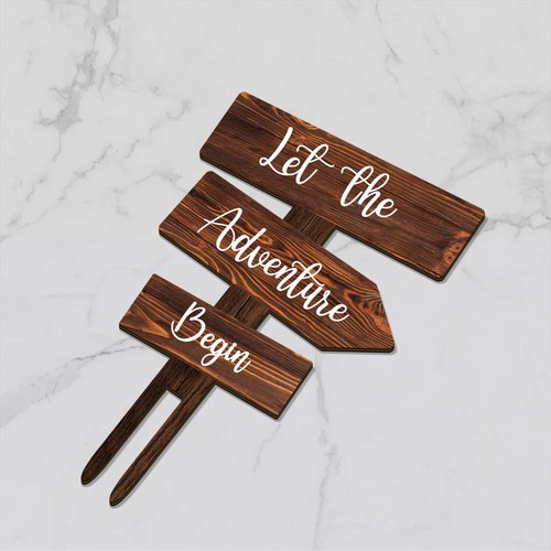 Party to Be Let the Adventure Begin Cake Topper in Wood Rustic Cake Decoration for Wedding & Baby Shower