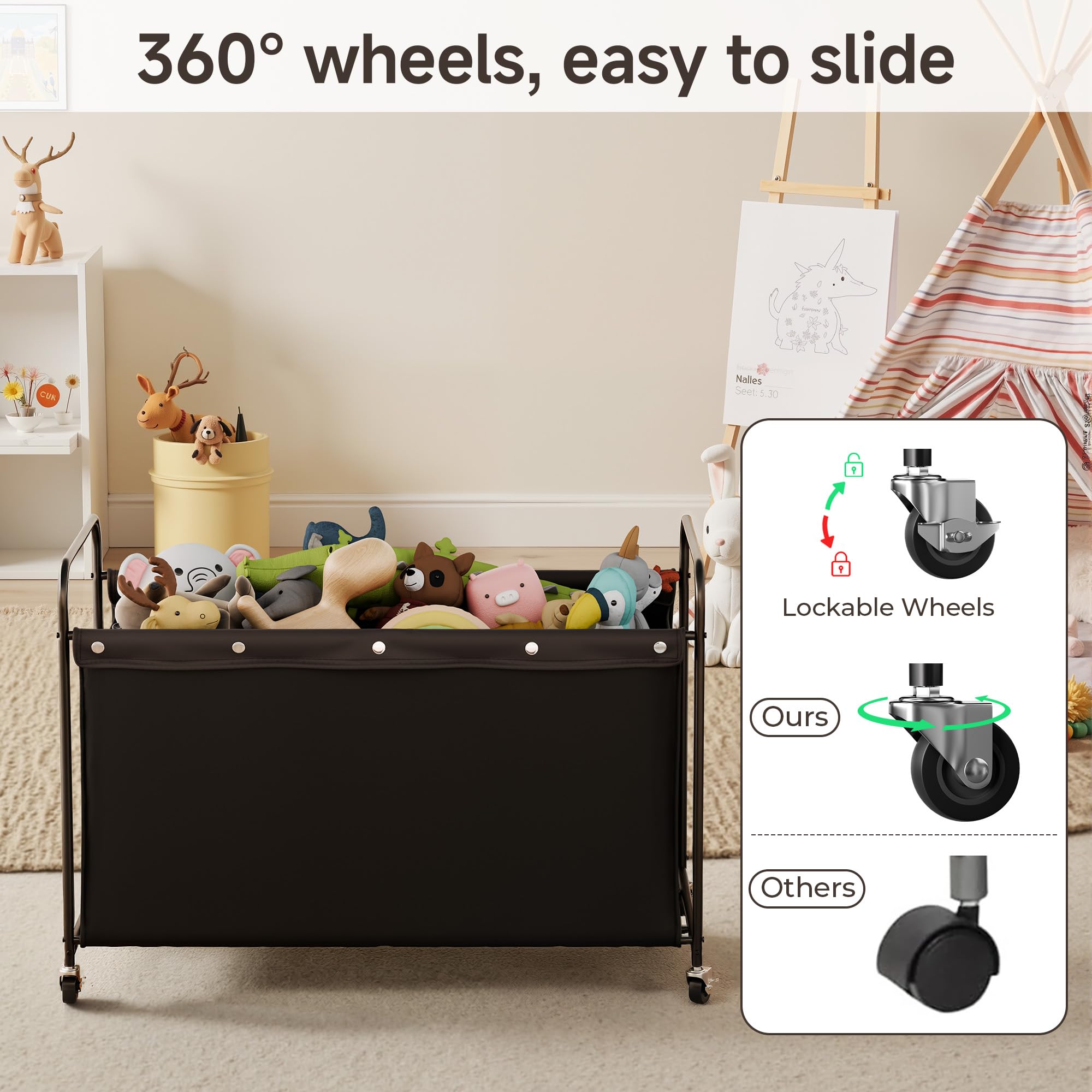 StorageWorks Toy Box with Wheels for Kids, 200L Extra Large Toy Storage Chest and Organizer, 27.5" Metal Toybox with 360° Swivel Wheels for Bedroom, Kids Room, Stuffed Animal Storage, Black