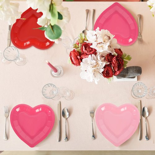 JarThenaAMCS 60Pcs Valentine's Day Paper Plates Heart Shaped Disposable Plates Red Pink Decorative Tableware for Holiday Anniversary Birthday Wedding Party Supplies
