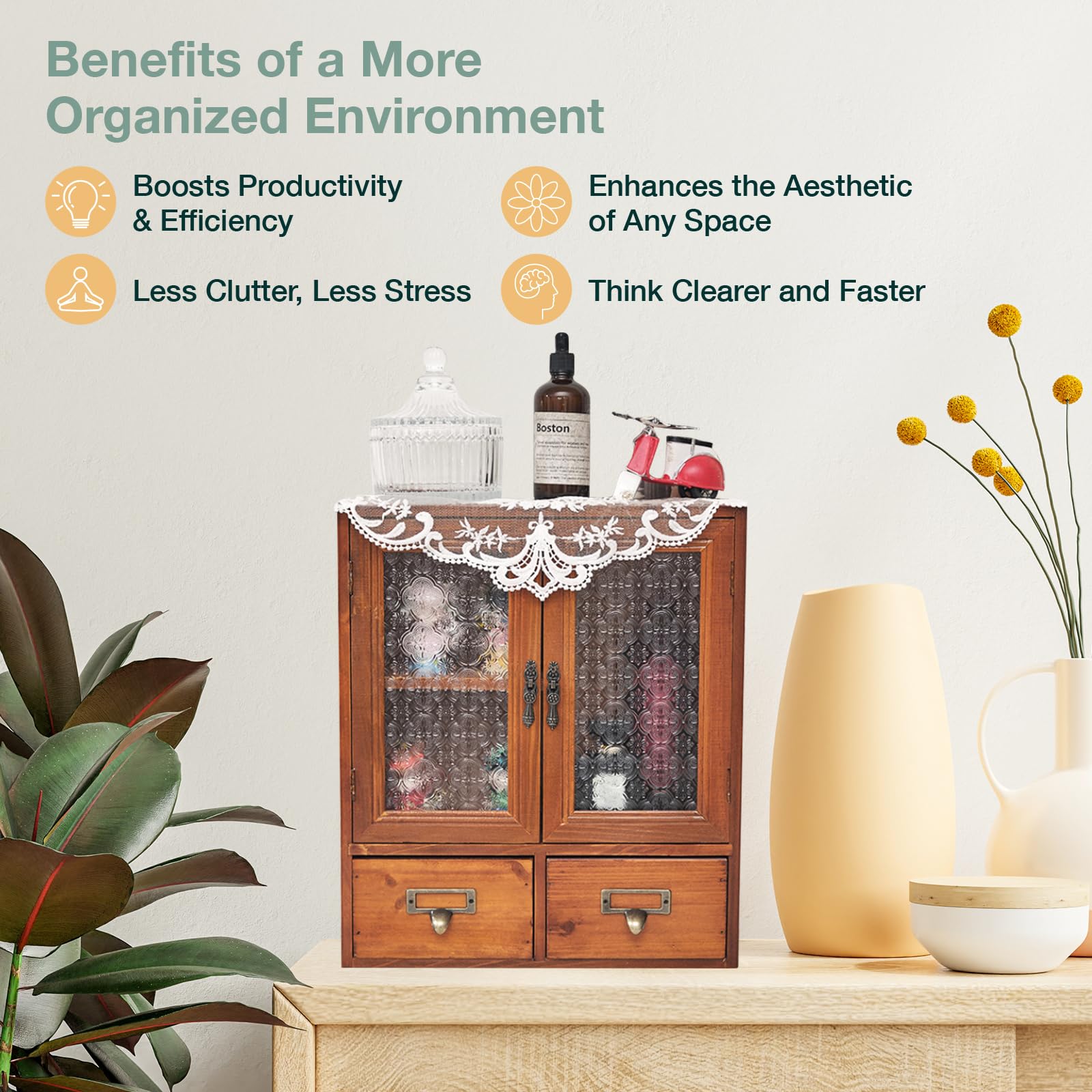 Geometric Motif Mahogany Storage Cabinet with Floral-Embossed Pressed Glass Doors – Victoria Floral Patterned Display Cupboard with 2 Drawers for Kitchen, Pantry and Countertop Organization