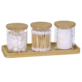 INIUNIK Qtip Holder with Vanity Tray, 3 Pack Glass Apothecary Jars with Lids, Bathroom Accessories Canisters Organizers Jars Containers for Cotton Ball Round Swab Pad Hair Ties Floss Perfume Jewelry