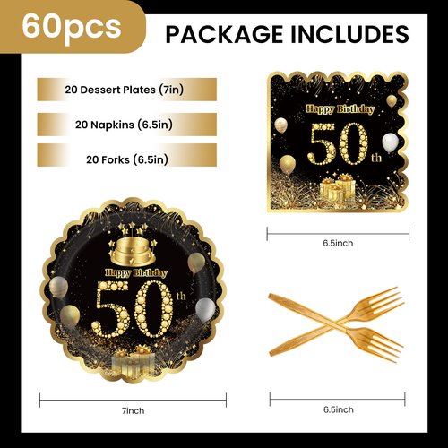 60 Pcs 50th Birthday Decorations Black gold Paper Plates and Napkins Forks Party Tableware for Men Women Birthday Party Decorations,Serve 20