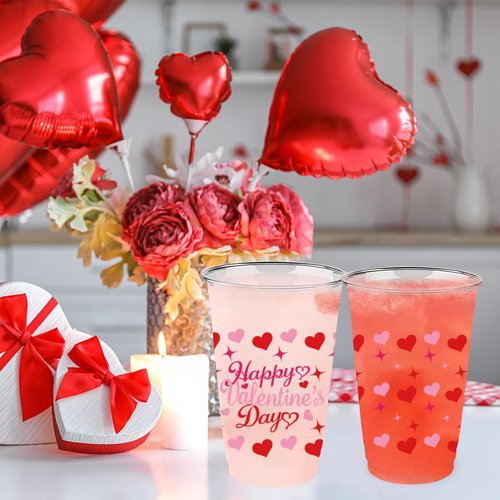 Prehalpty 60PCS Valentines Cups Disposable 16oz – Valentines Day Plastic Cup with Heart Design, Valentine Cups Bulk for Galentines Day Party Decorations
