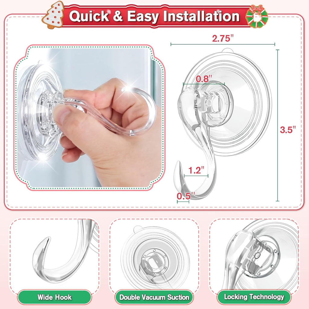 VIS'V Wreath Hanger - Heavy Duty Suction Cup Hooks | 22 LB Capacity, Clear, 6 Pcs, Removable & Reusable