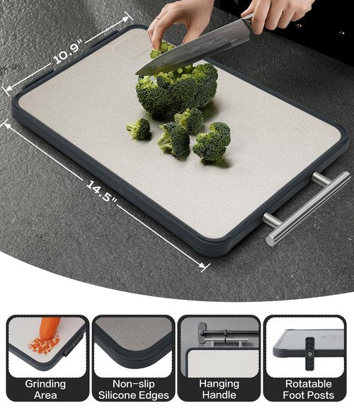 Titanium Cutting Board for Kitchen- Double Sided Cutting Board with Stand, Textured Food-Grade Pure Titanium Side for Chopping Meat, PP Side for Vegetables, Easy to Clean(14.5”×11”, 1 PC)