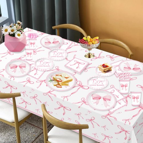 180pcs Coquette Birthday Decorations Include Coquette Plates and Napkins Set Banner Hanging Balloon Tablecloth Cake Topper Cupcake Toppers, for Girls Pink Bow Birthday Party Decorations, Serves 25