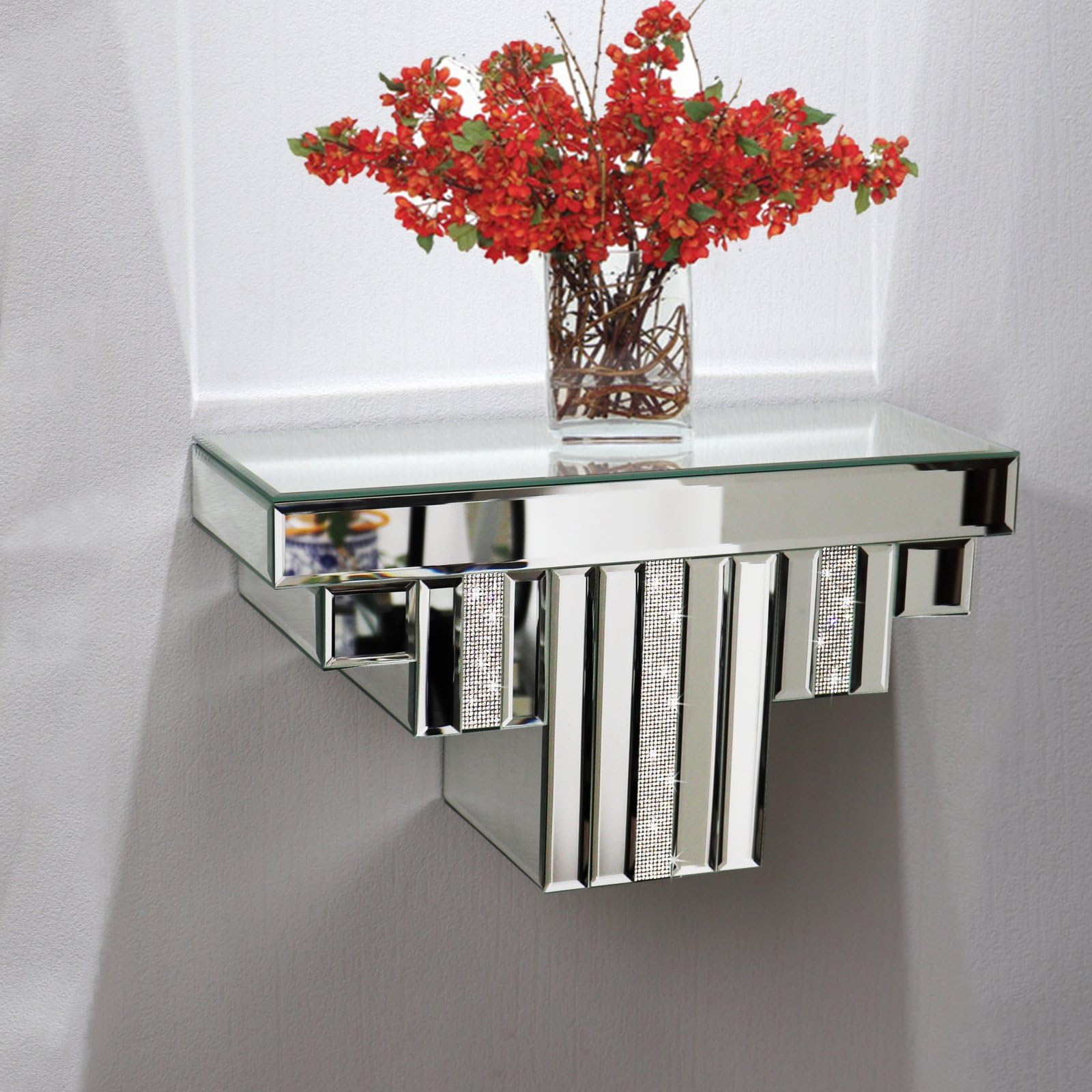 ST3000 Mirrored Floating Wall Shelf, Silver Mirror Crushed Diamond Decorative Wall Shelf for Home Decoration Crystal Diamond Art Décor Accent Piece Showcase, 14.3" L×5.5" W×7.6" H
