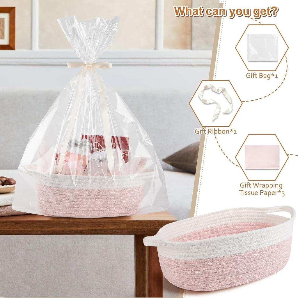 OIAHOMY Small Woven Gift Basket - 12"x8"x5" with Handle, Ribbon & Tissue Paper | Pink & White Dog Toy Organizer