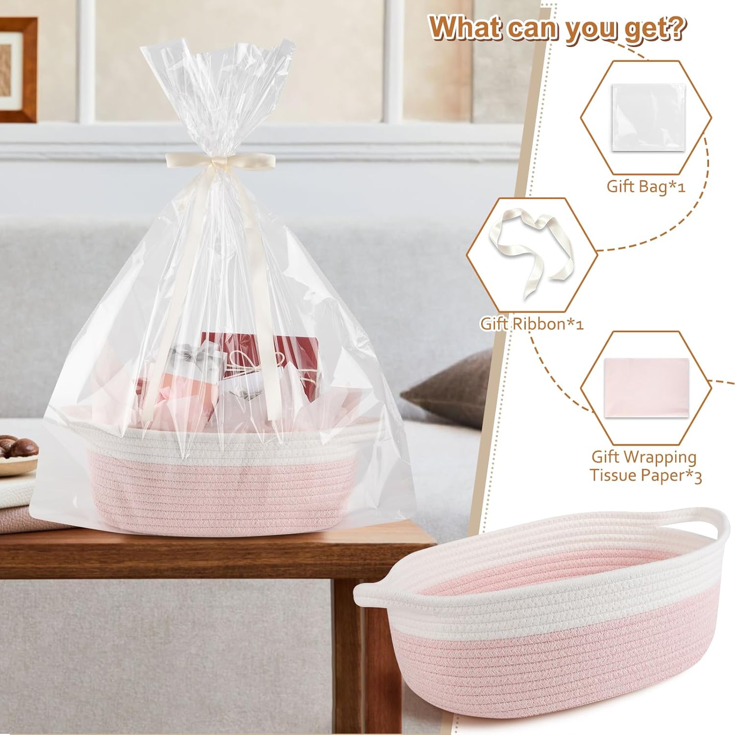 OIAHOMY Small Woven Gift Basket - 12"x8"x5" with Handle, Ribbon & Tissue Paper | Pink & White Dog Toy Organizer