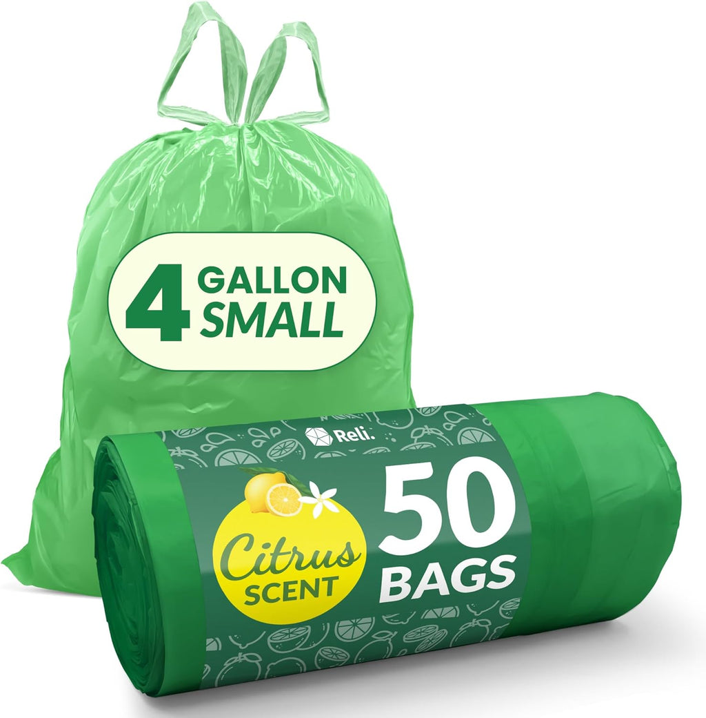 Reli. 4 Gallon Trash Bags - Citrus Scented Drawstring Garbage Liners | 50 Count for Small Cans