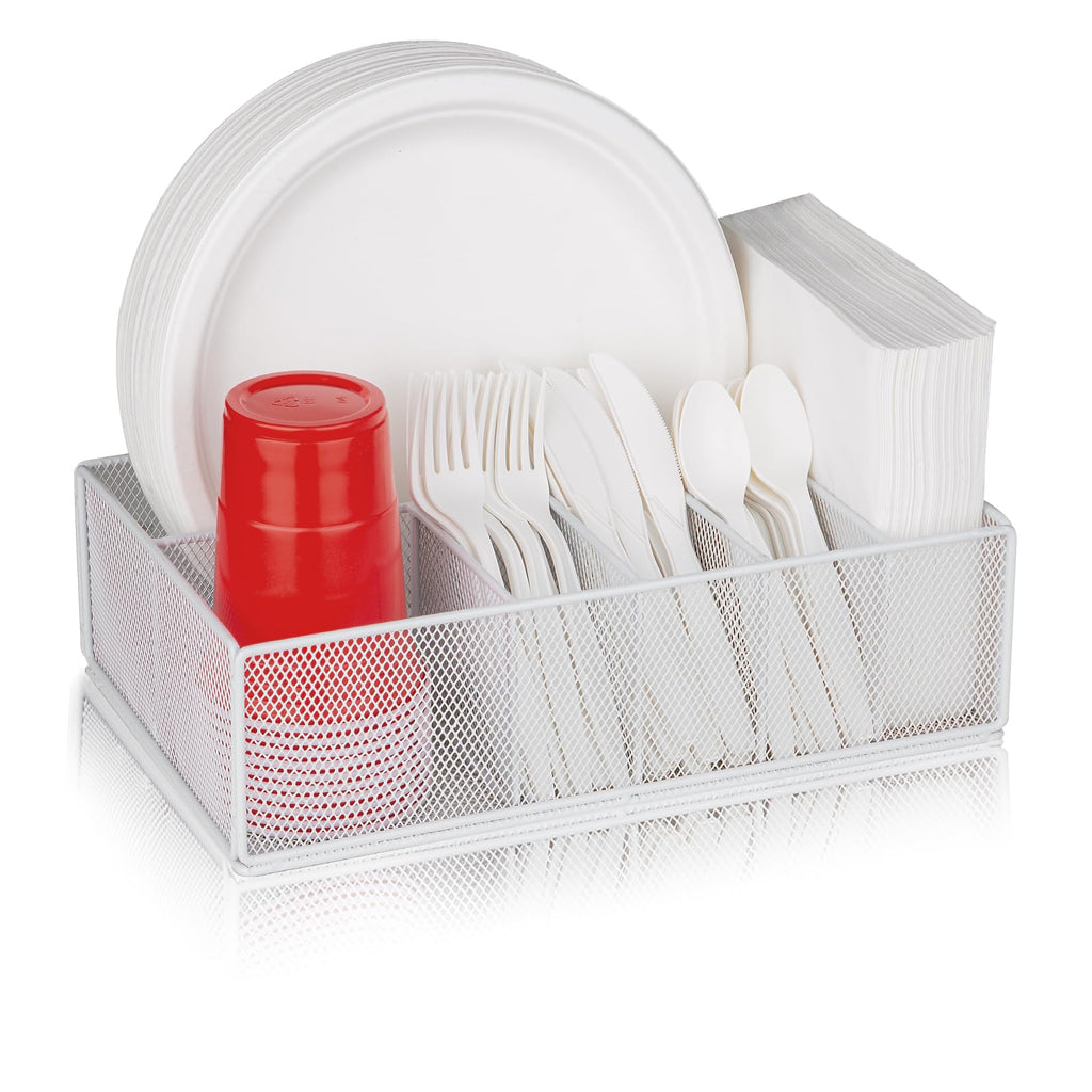 Paper Plate Organizer for Countertop, Metal Silverware Caddy for Cup, Fork, Spoon, Napkin, Paper Plate and Utensil Holder, Cutlery Caddy for Party, Camping, Picnic (White)