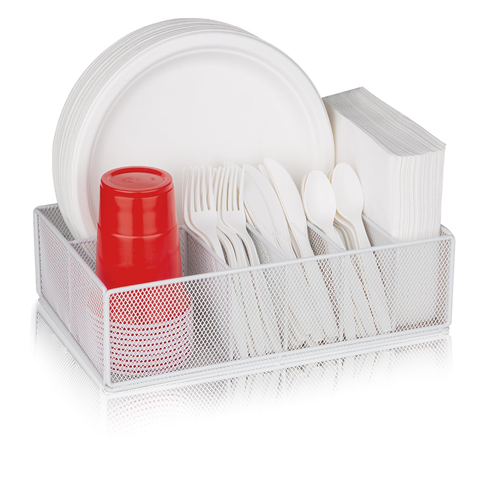 Paper Plate Organizer for Countertop, Metal Silverware Caddy for Cup, Fork, Spoon, Napkin, Paper Plate and Utensil Holder, Cutlery Caddy for Party, Camping, Picnic (White)
