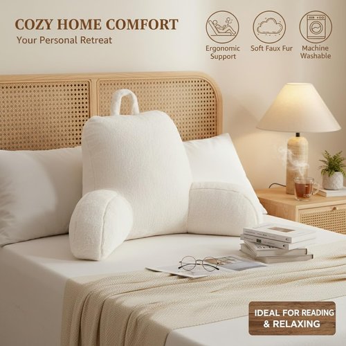 Reading Pillow with Arms for Sitting in Bed, Backrest Support Cushion Soft Back Pillow for Couch, Sofa & Floor, Dorm Essentials, Washable Cover, Faux Fur Wedge Cushion for Adults,Children,Student