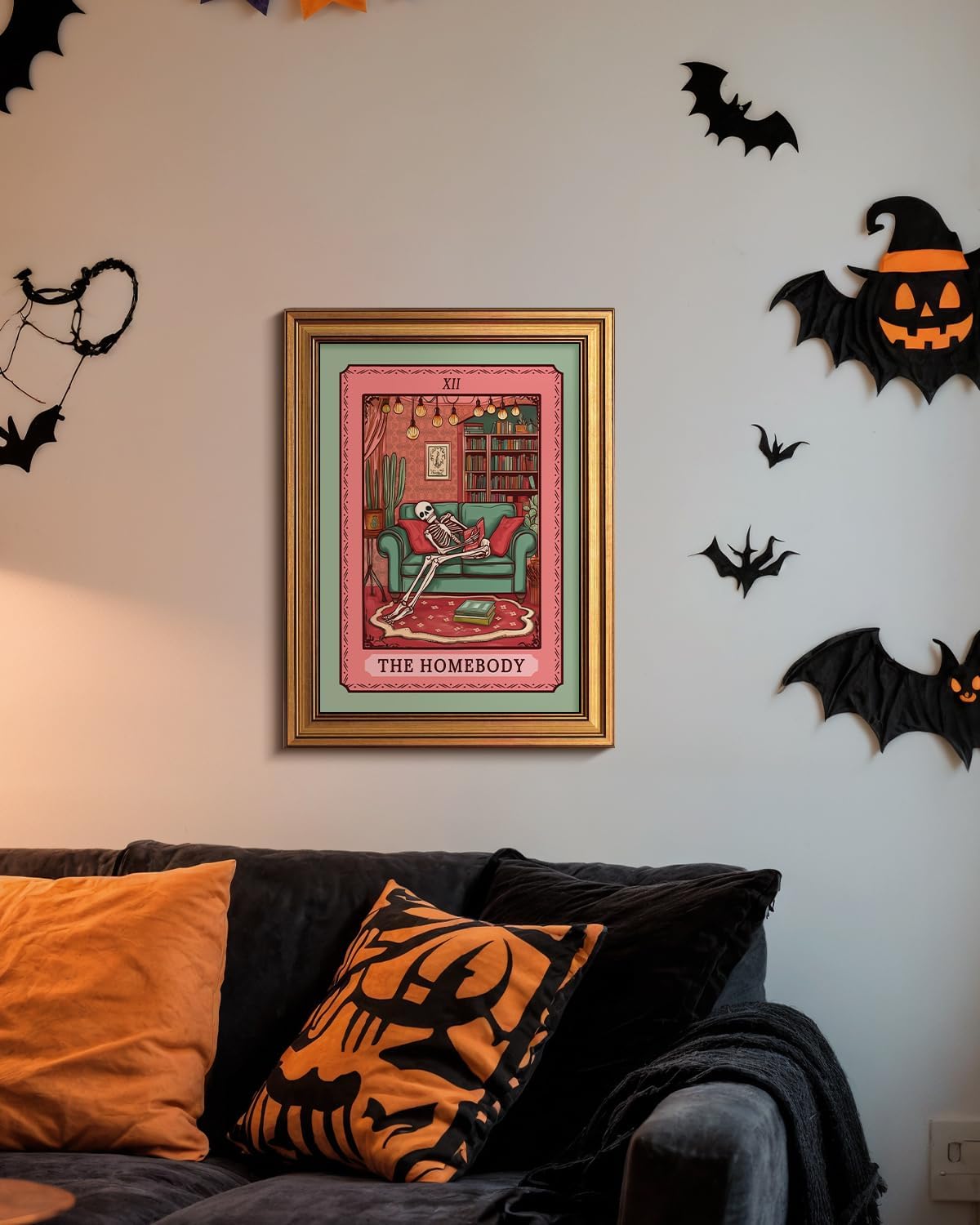 Regine Switzerland Vintage Spooky Cozy Home Scene Wall Art - 12x16 Halloween Skeleton Print | Retro Dark Humor Decor
