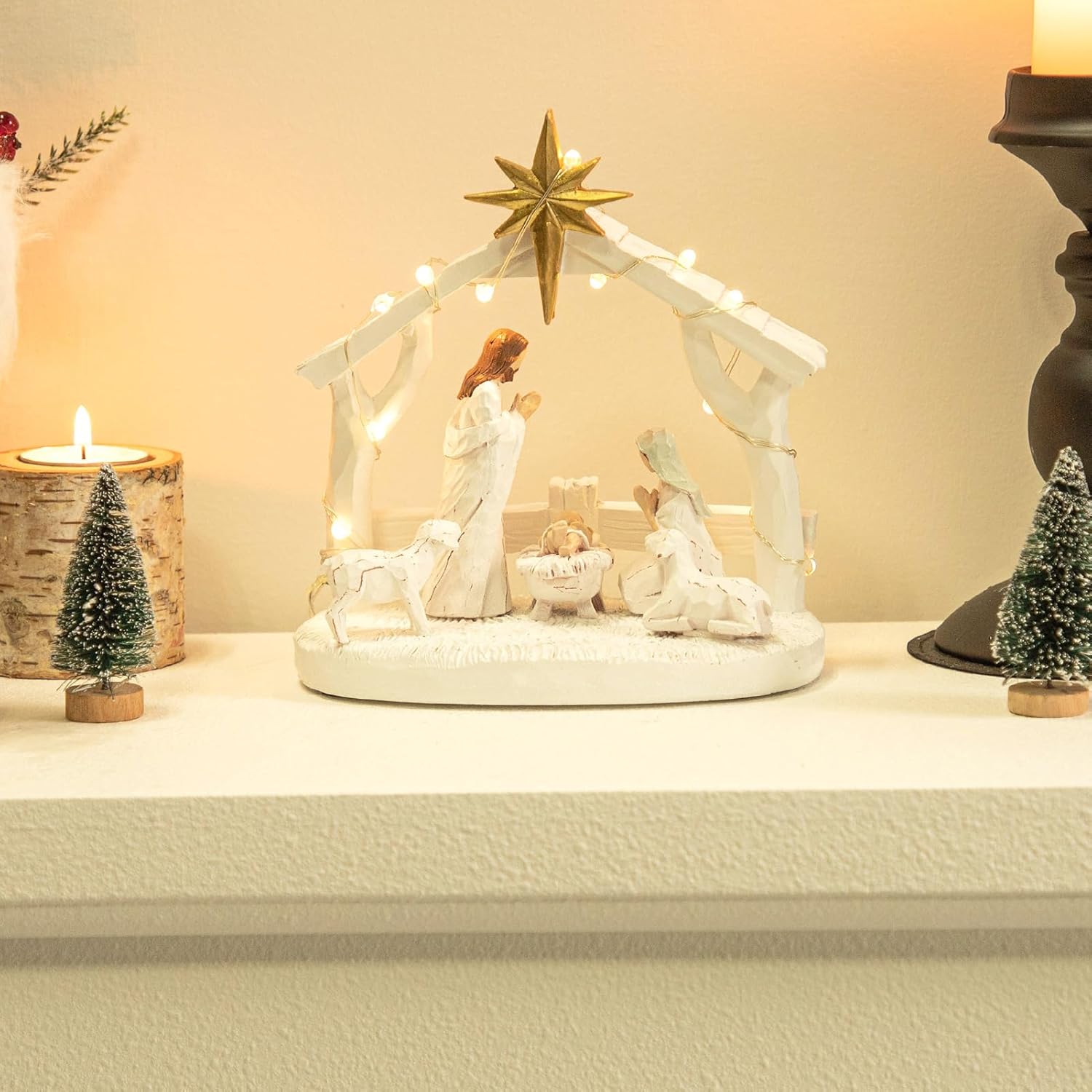 Regine Switzerland Nativity Scene - Hand-Painted Holy Family Figurine with Lights | Christmas Tabletop Decor