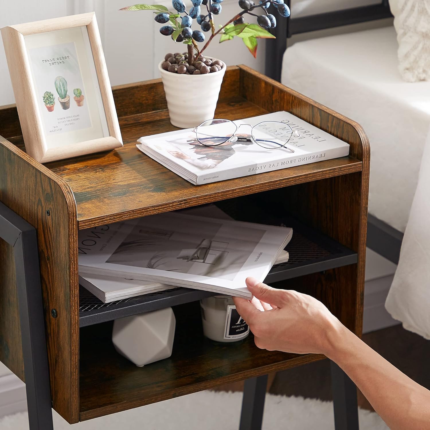 VECELO Nightstand Industrial Side Table/End Table/Stackable Accent Furniture with 2-Tier Open Storage Shelves for Bedroom, Living Room and Small Spaces