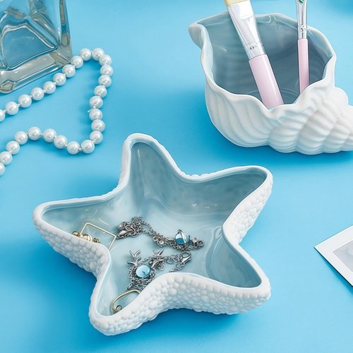 Koyzsen Starfish Jewelry Dish Ceramic Holder Ring Trinket Tray, Ocean-themed Decorative Trinket Dish, Suitable for Mother Friend Sister, Gifts for Women, Home Decor Trinket Dish(Sea Blue)