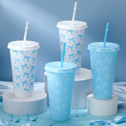 Pickmesh 12 Pcs 24 oz Blue Bow Plastic Cups with Lid and Straw Gift Coquette Bow Birthday Decorations Reusable Party Cups Tumbler Water Bottle Gift for Wedding Bridal Engagement Baby Shower