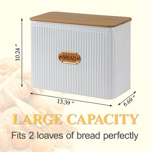 HOME PALETTE Extra Large Bread Box for Kitchen Countertop Corner Breadbox for Homemade Bread Metal White Vertical Stripe Pattern Embossed Storage Container Bin with Bamboo Lid Fits 2 Loaves of Bread