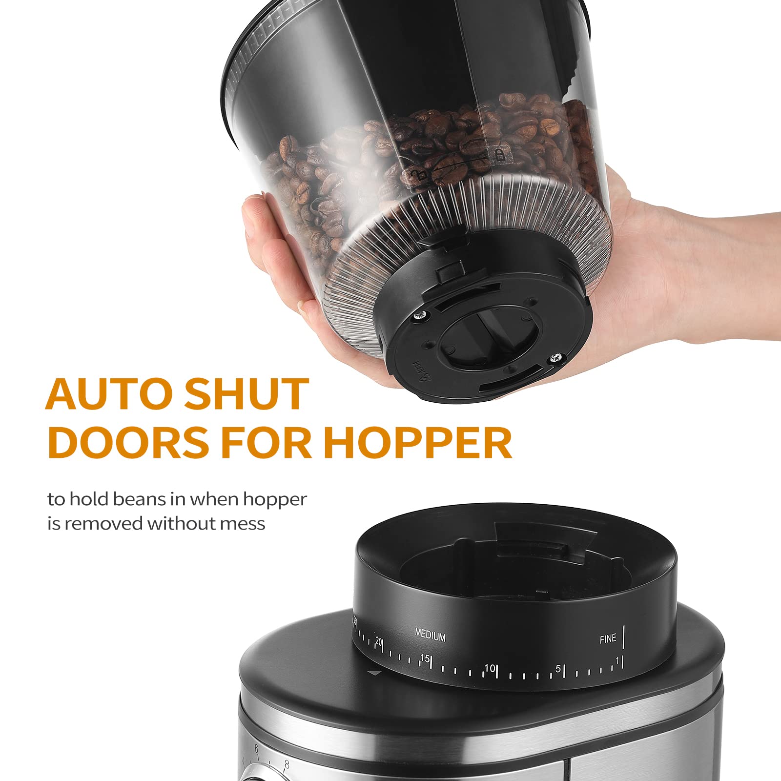 Ollygrin Burr Coffee Grinder, Electric Conical Coffee Bean Grinder With 30 Adjustable Grind Settings For 2-12 Cups, Sliver & Black
