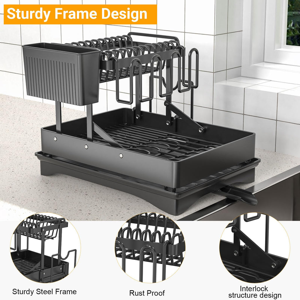 Expandable Dish Drying Rack, Rust-Proof Metal Dish Racks for Kitchen Counter with 360° Swivel Drain Spout, Space-Saving Dish Drainer with Utensil Holder for Small Apartment & Home Organization, Black
