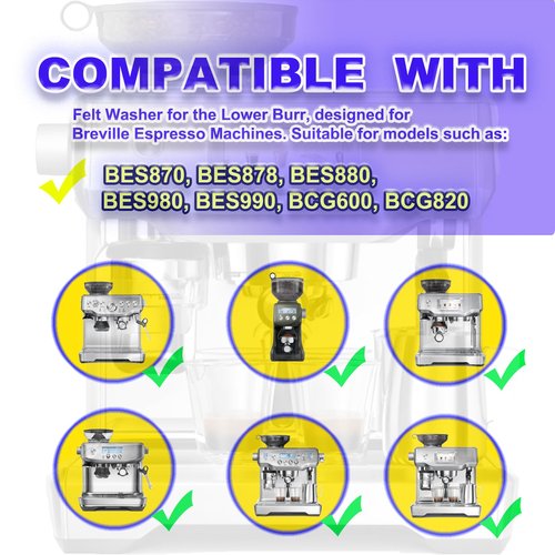 6-Piece Felt Washer Replacement for Breville Espresso Machine Grinders - Compatible with BES870/BES878/BES880/BES980/BCG820 Models, Espresso Grinder Felt Ring Eiranoly