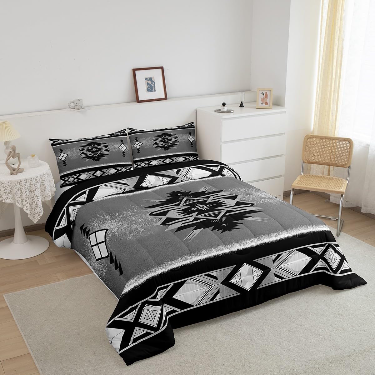 Manfei Tribal Ethnic Comforter Set Queen Size, Southwestern Native American Tribal Quilt Set with 2 Pillowcases, Abstract Geometric Bedding Set 3pcs for Kids Boys Lightweight Duvet Insert