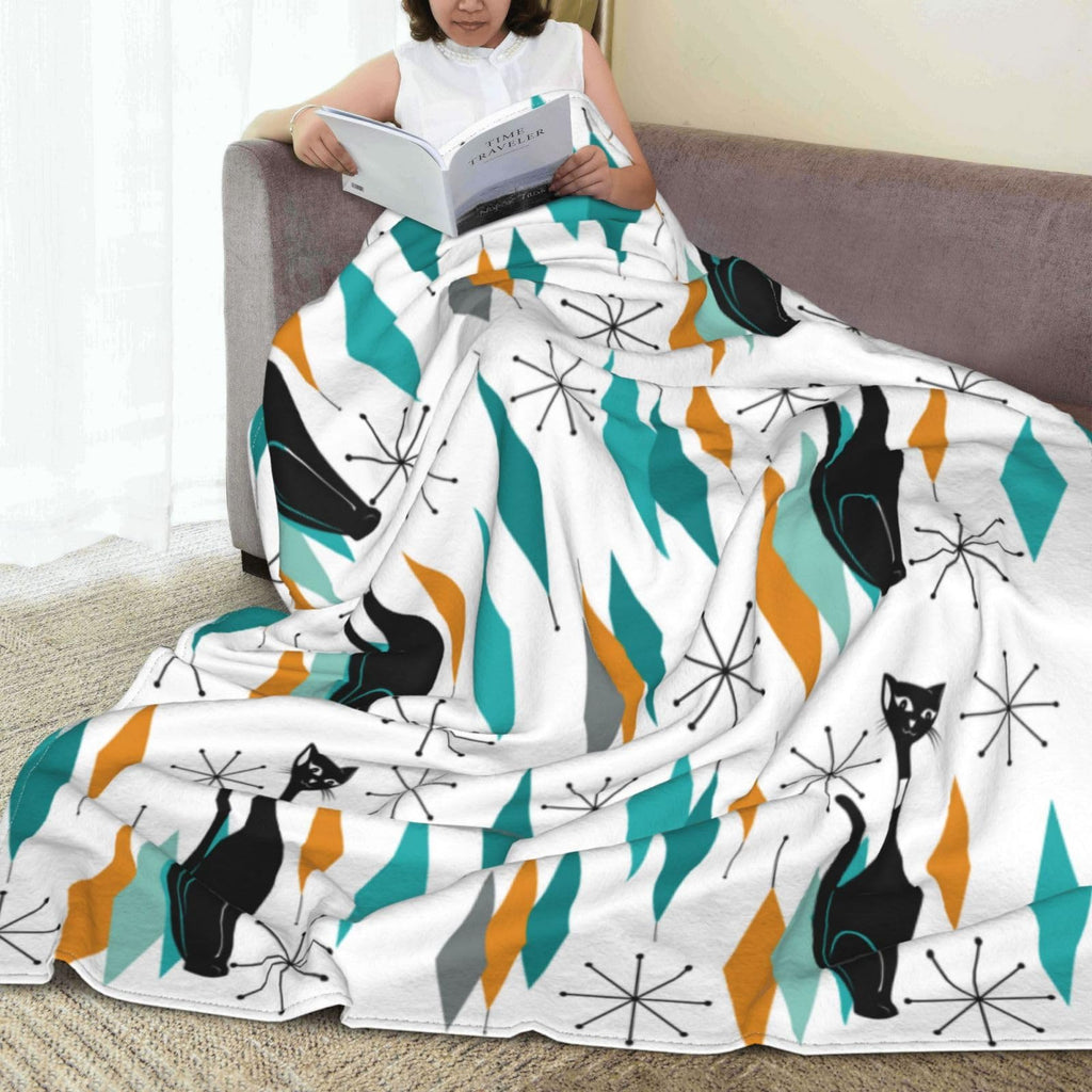 Mid Century Cat Fleece Throw Blanket Soft Flannel Plush Lightweight Warm Cozy Blanket for Men Women Couch Bed Sofa Travel 60"x80"