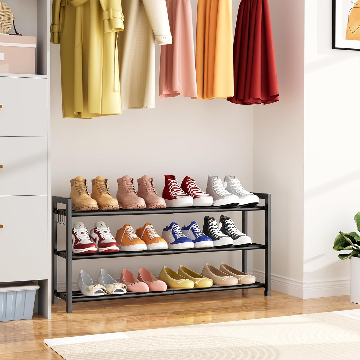 Skiennix Expandable Shoe Rack - Adjustable Metal Organizer for 12 Pairs | 3-Tier Free Standing Design, Black