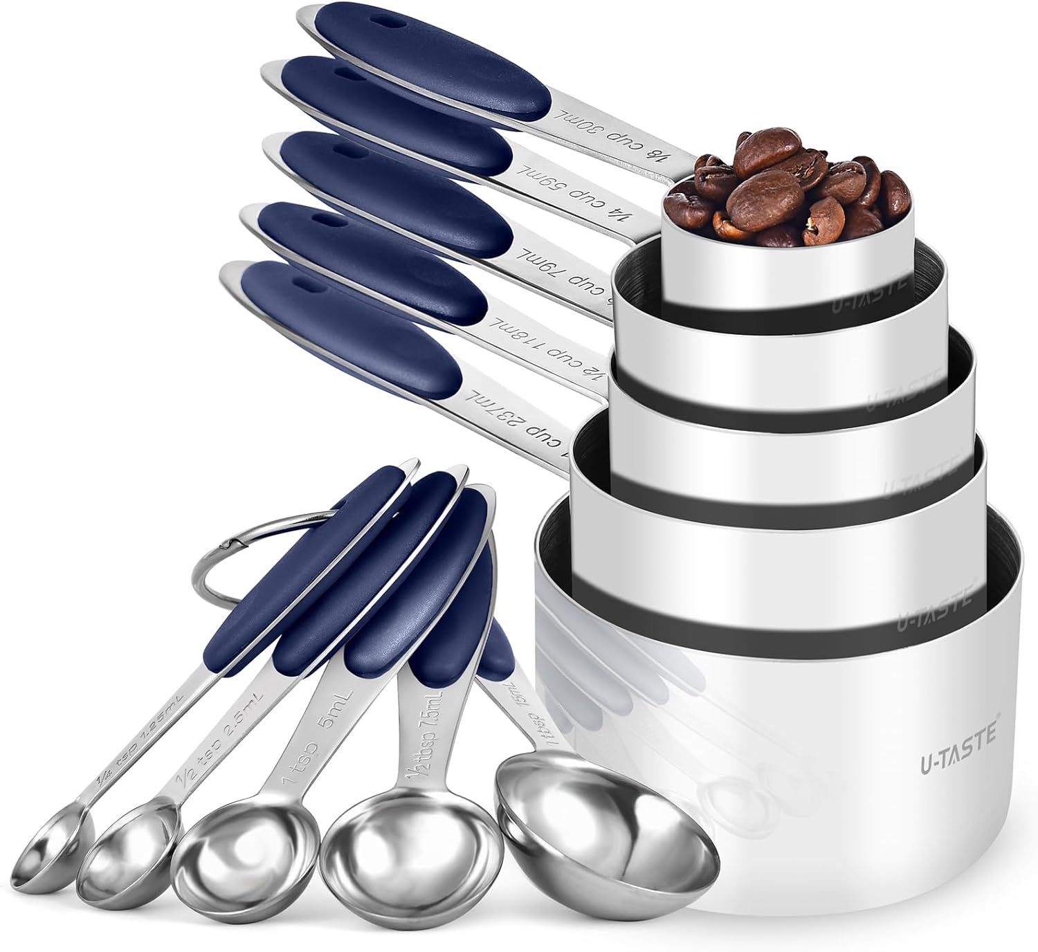 U-Taste Measuring Cups Set - Food Grade 18/8 Stainless Steel with Upgraded Handle | 10-Piece Midnight Blue